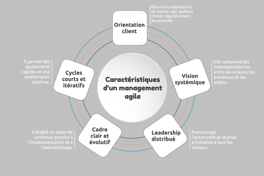 Schéma représentant les cinq caractéristiques clés du management agile sous forme de carrés autour d’un titre central